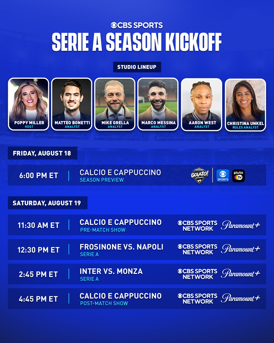 Paramount Press Express  CBS Sports Kicks Off Serie A Season with  Multiplatform Coverage Across Paramount+, CBS Sports Network and CBS Sports  Golazo Network