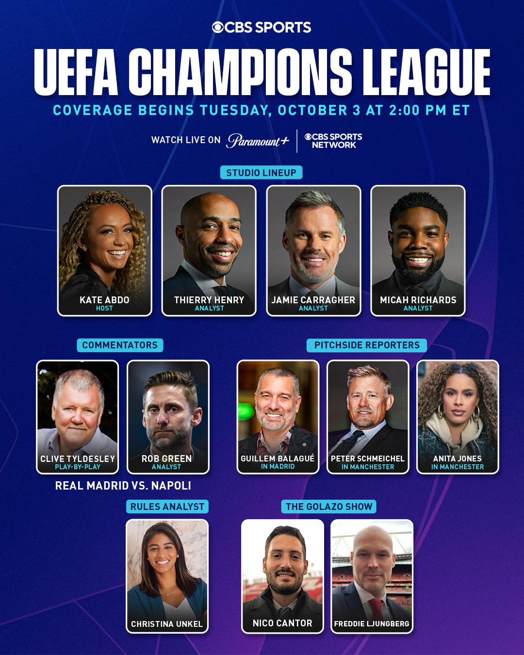 Paramount Press Express  CBS SPORTS' OCT. 4 UEFA CHAMPIONS LEAGUE STUDIO  COVERAGE TO ORIGINATE LIVE FROM NEWCASTLE, ENGLAND