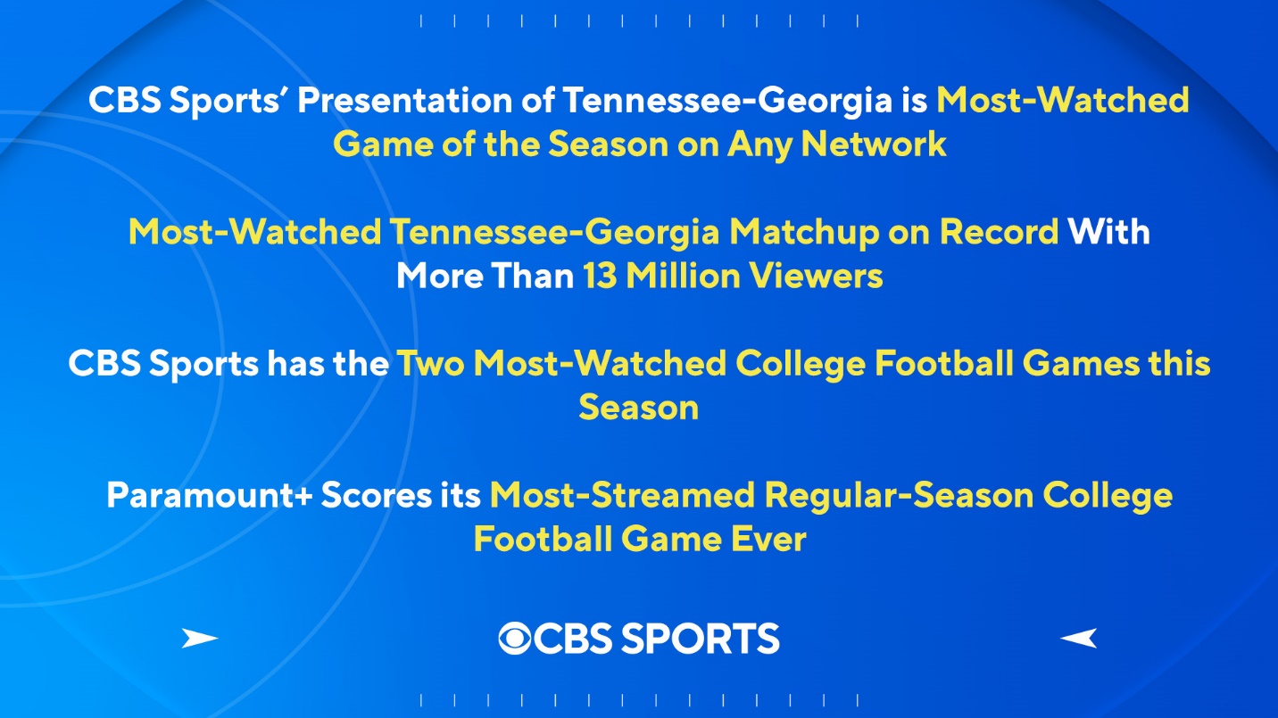 Paramount Press Express  CBS SPORTS' PRESENTATION OF TENNESSEE-GEORGIA IS  MOST-WATCHED GAME OF THE SEASON ON ANY NETWORK